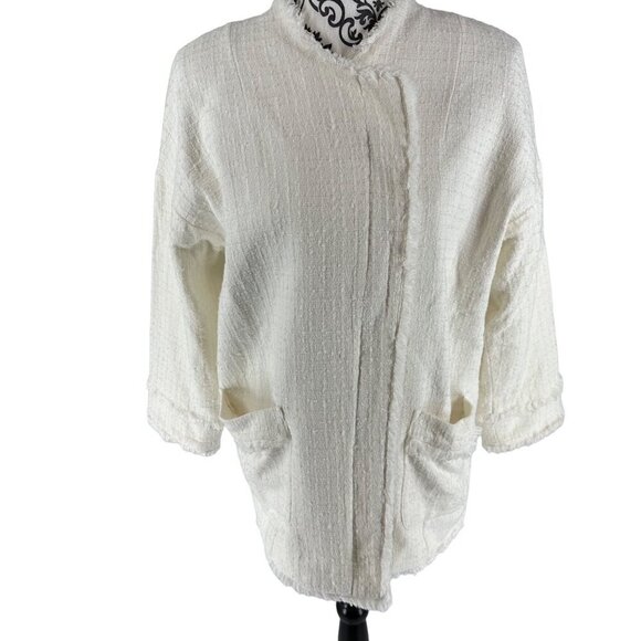 Joie Winter White Blazer Hidden Zipper Oversized Fringe Size Small Cotton Wool B - Picture 1 of 10